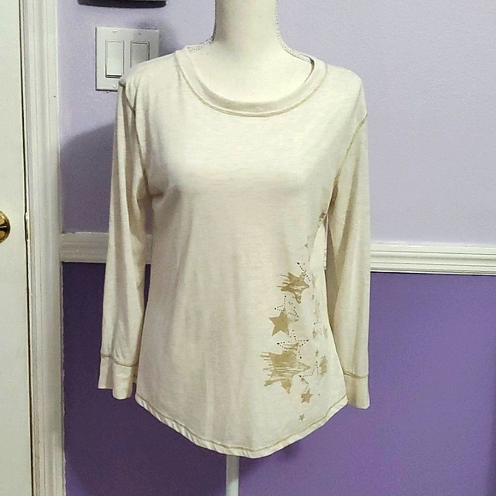 Faded Glory Y2K Soft Cream Gold Stars Fitted Long Sleeve Knit Tee Top M